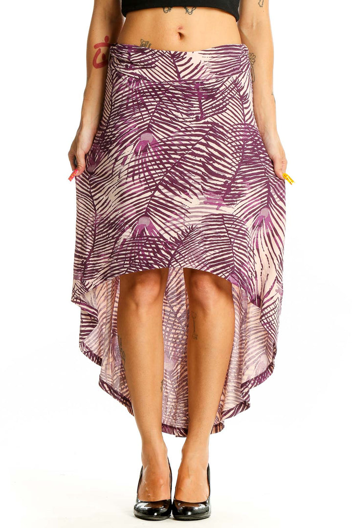 Front view of Alternative purple palm print high-low skirt with drawstring waist