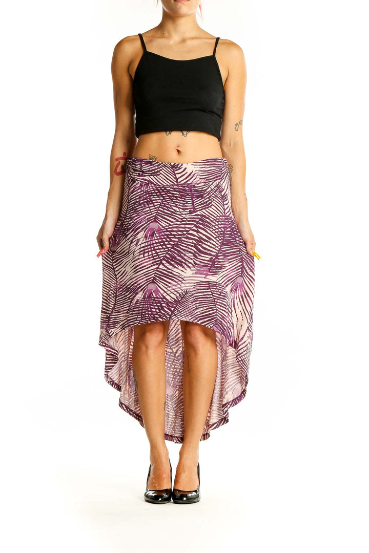 Front view of Alternative purple palm print high-low skirt with drawstring waist