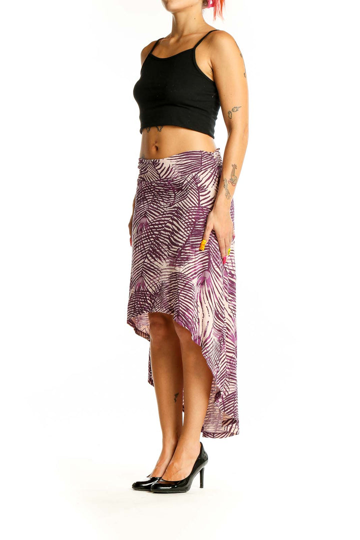 Front view of Alternative purple palm print high-low skirt with drawstring waist