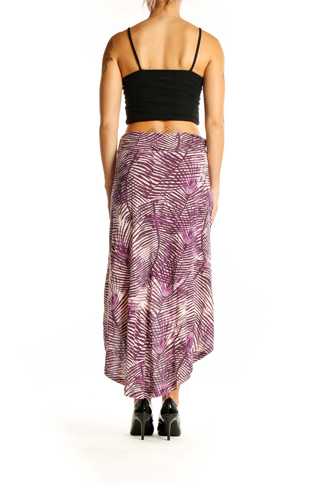 Back view of Alternative purple palm print high-low skirt showing longer hemline