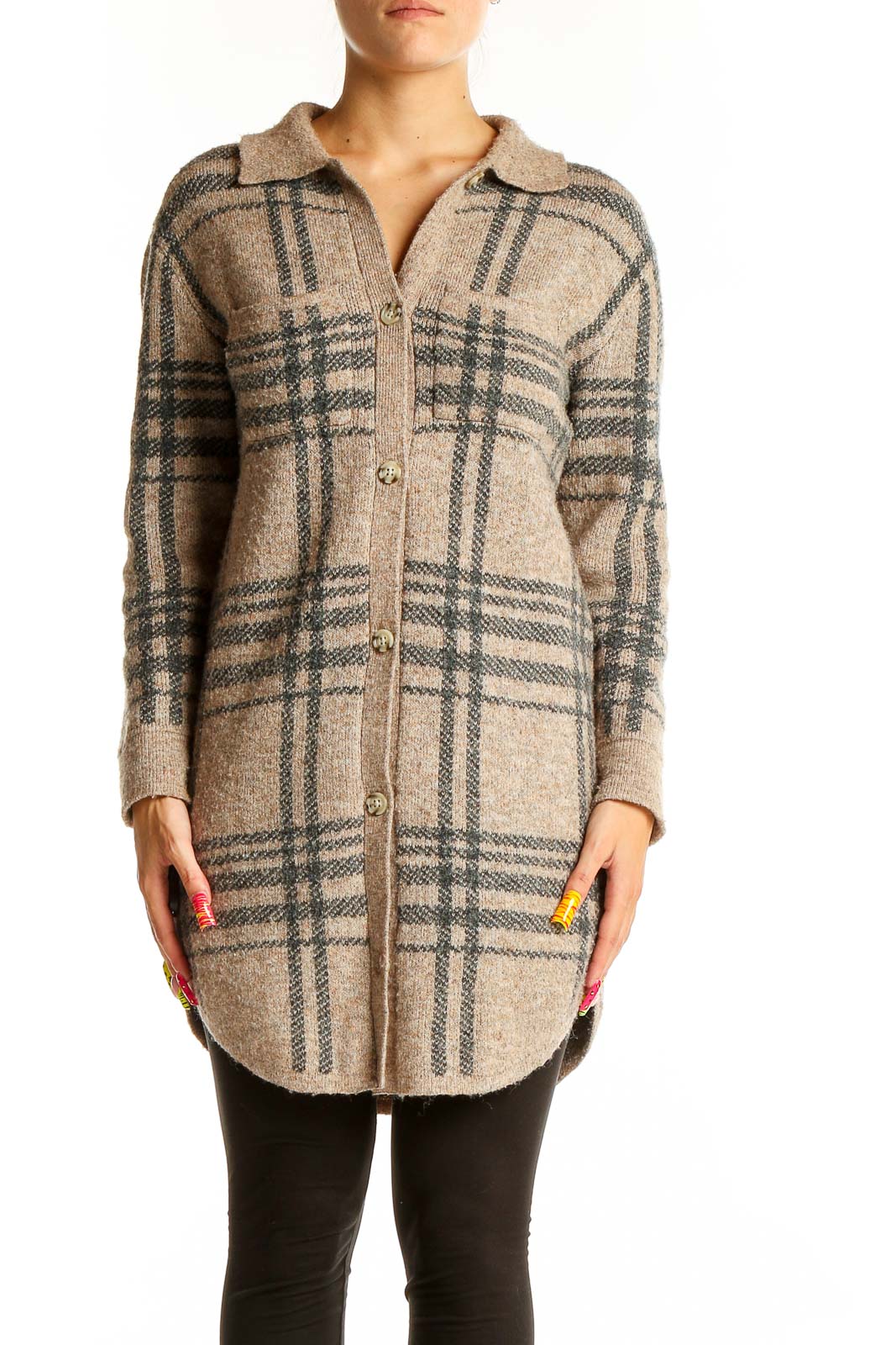 Front view of Jessica Simpson beige plaid knit button-up cardigan