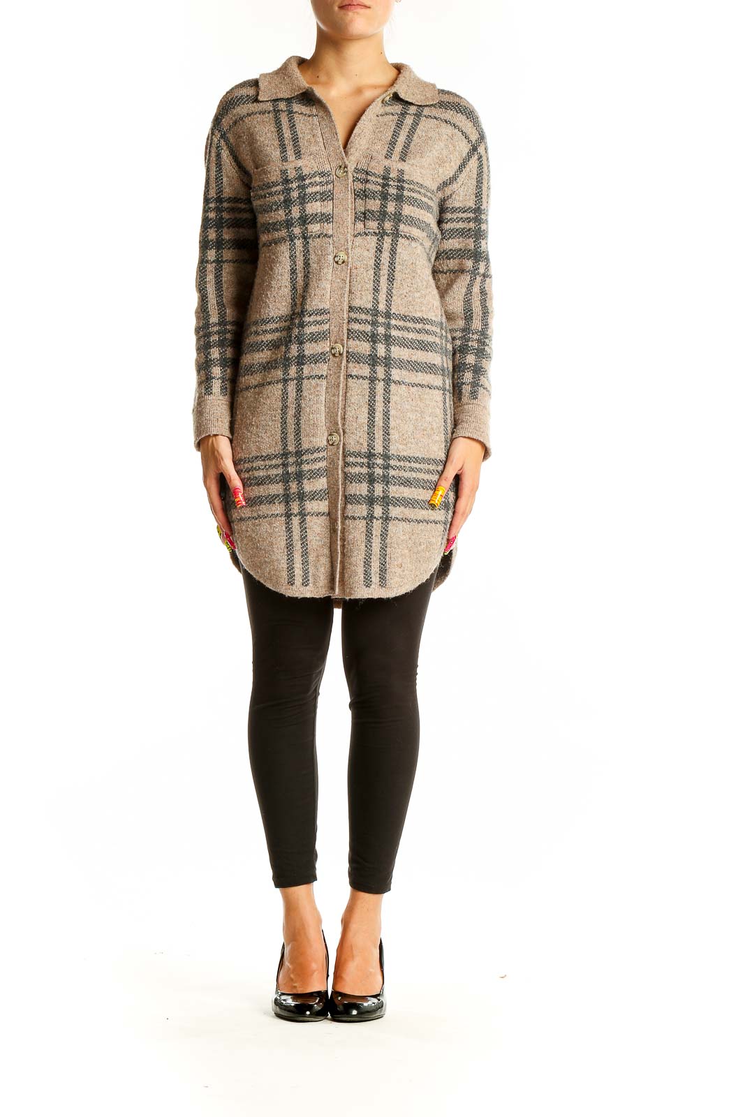 Front view of Jessica Simpson beige plaid knit button-up cardigan