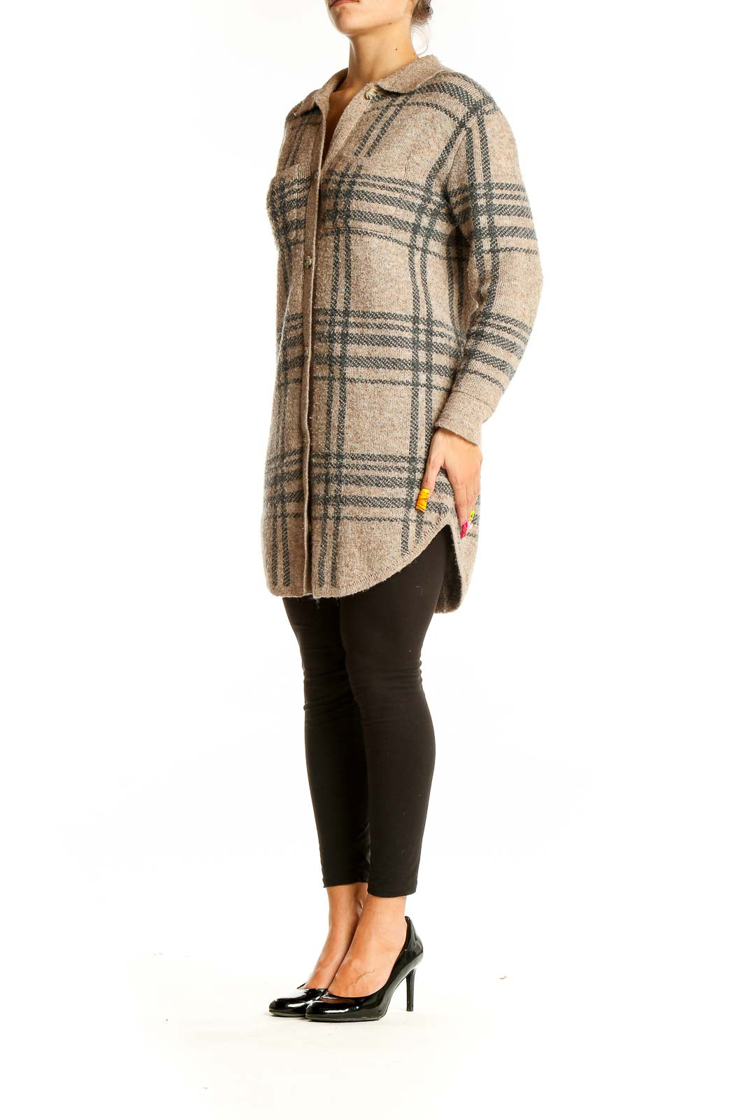 Front view of Jessica Simpson beige plaid knit button-up cardigan