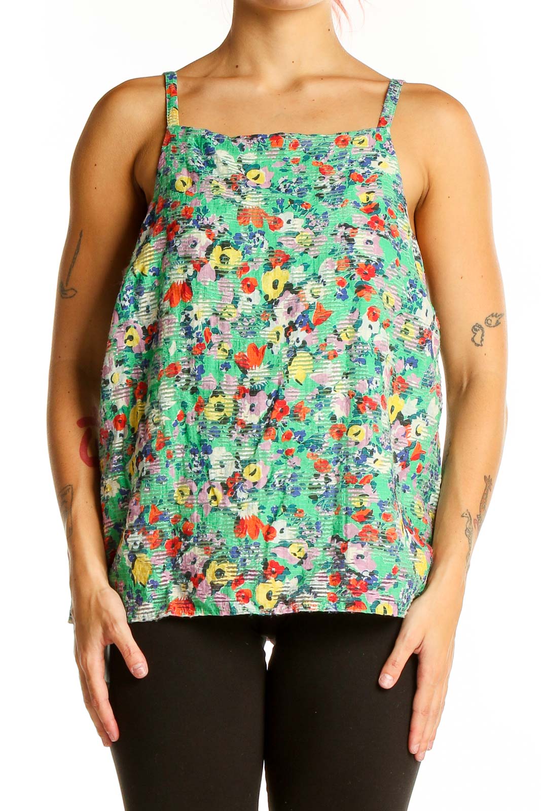 Front view of Maeve green floral print sleeveless top with square neckline