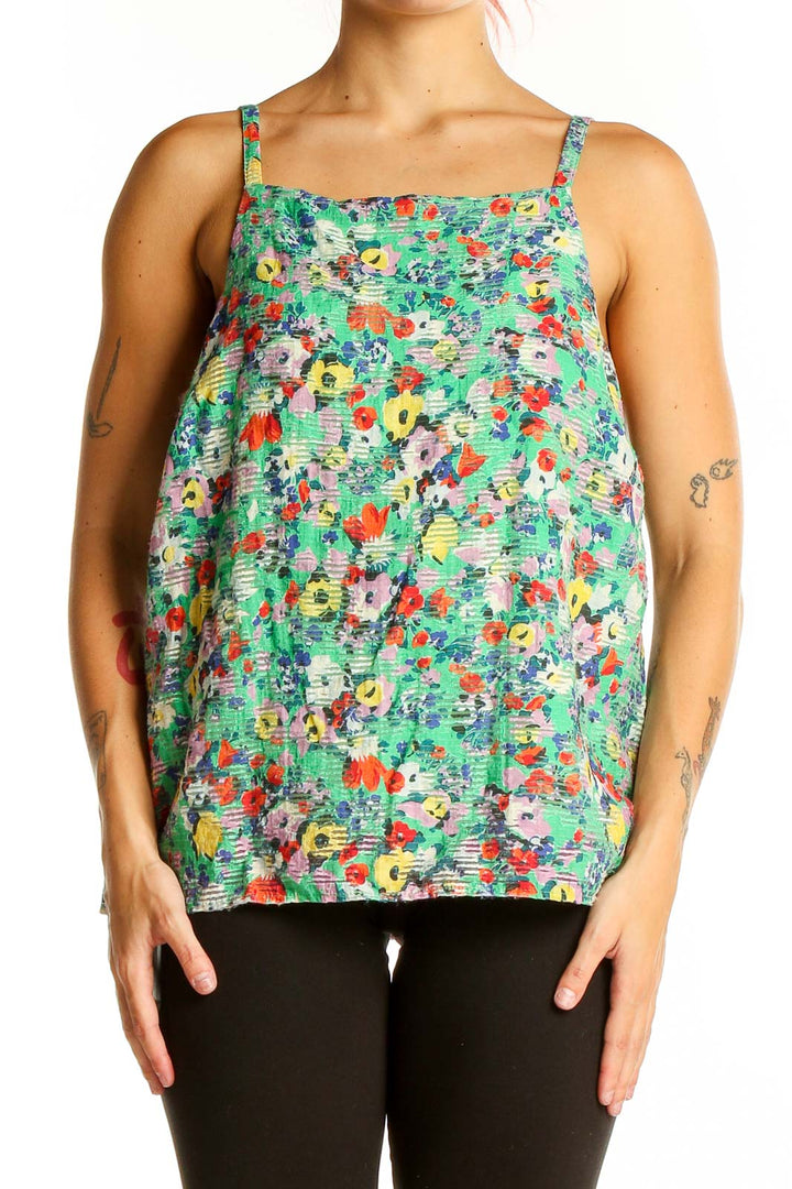 Front view of Maeve green floral print sleeveless top with square neckline