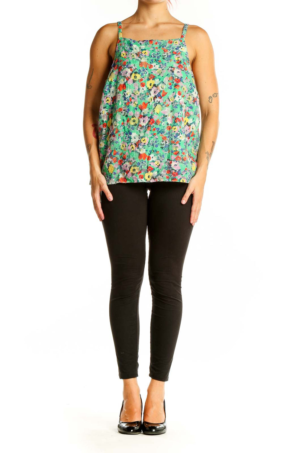 Front view of Maeve green floral print sleeveless top with square neckline