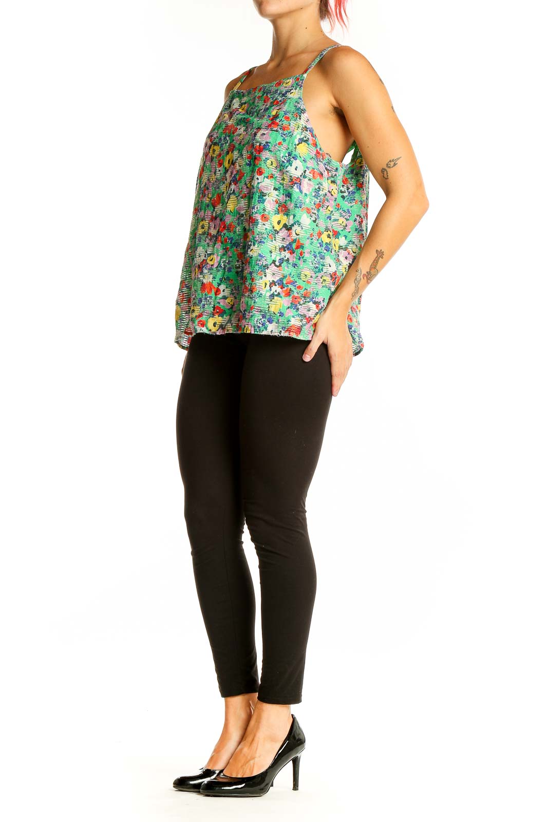 Front view of Maeve green floral print sleeveless top with square neckline