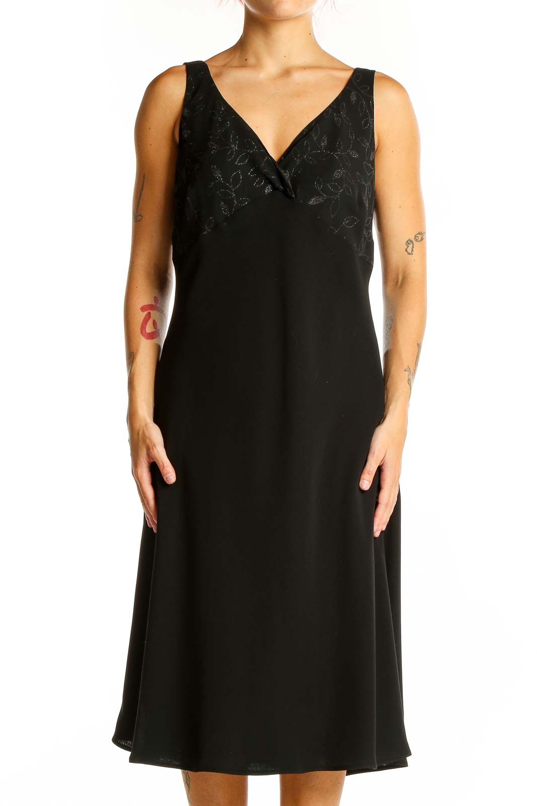 Front view of Evan Picone black floral embossed sleeveless midi dress