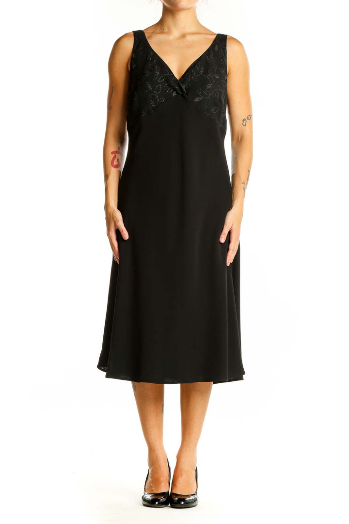 Front view of Evan Picone black floral embossed sleeveless midi dress