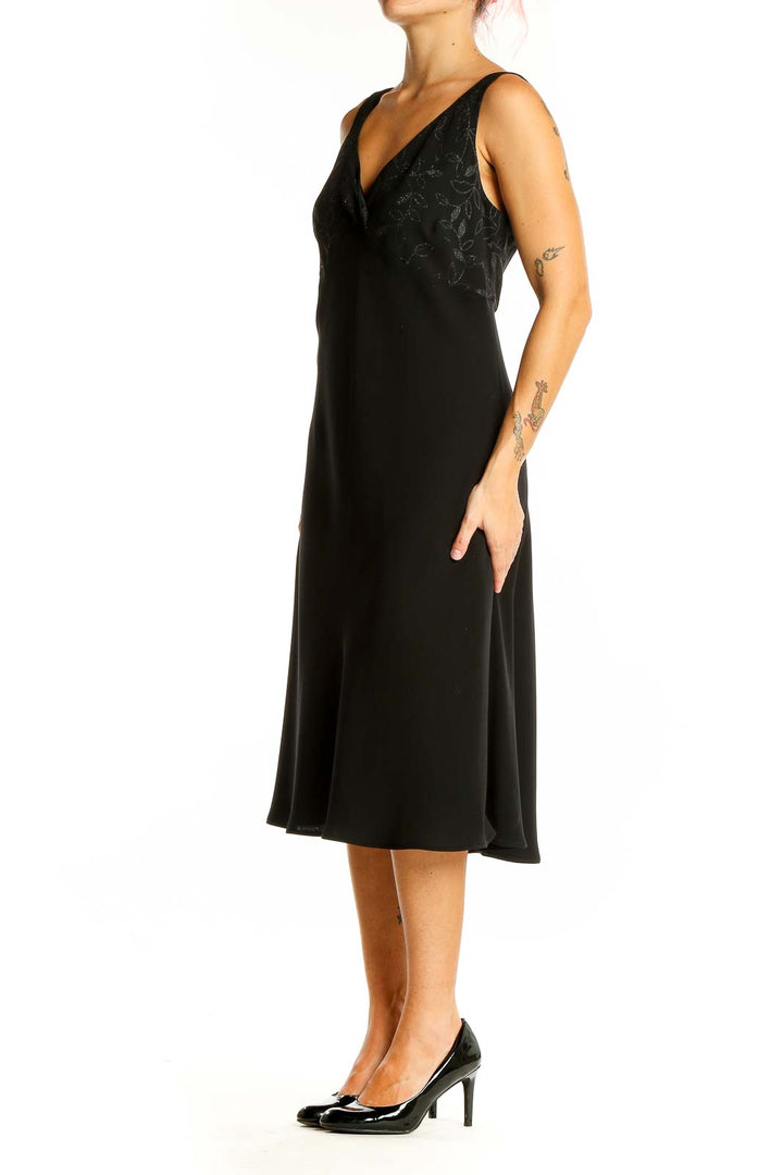 Front view of Evan Picone black floral embossed sleeveless midi dress