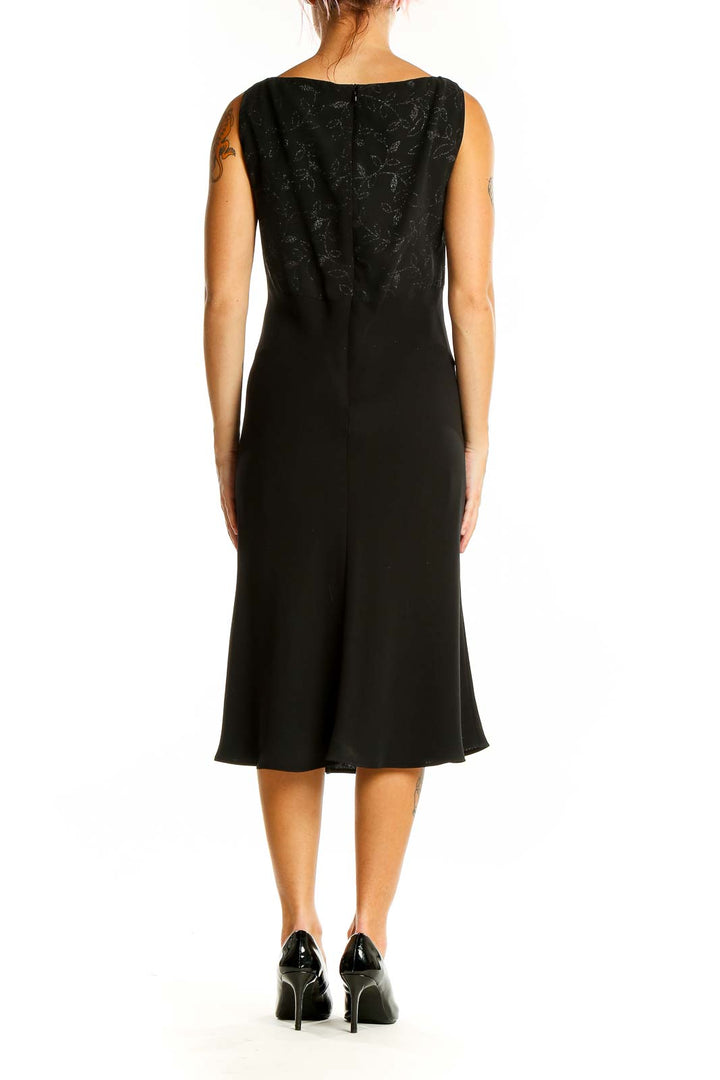 Back view of Evan Picone black floral embossed sleeveless midi dress