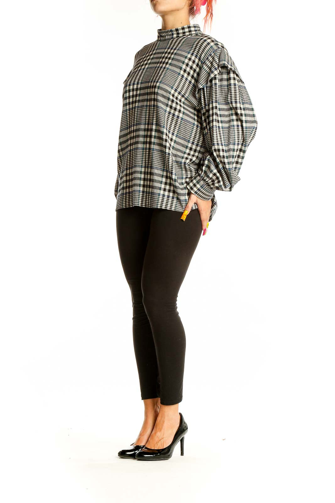 Front view of No. 6 Store Black and White Plaid Oversized Blouse with balloon sleeves