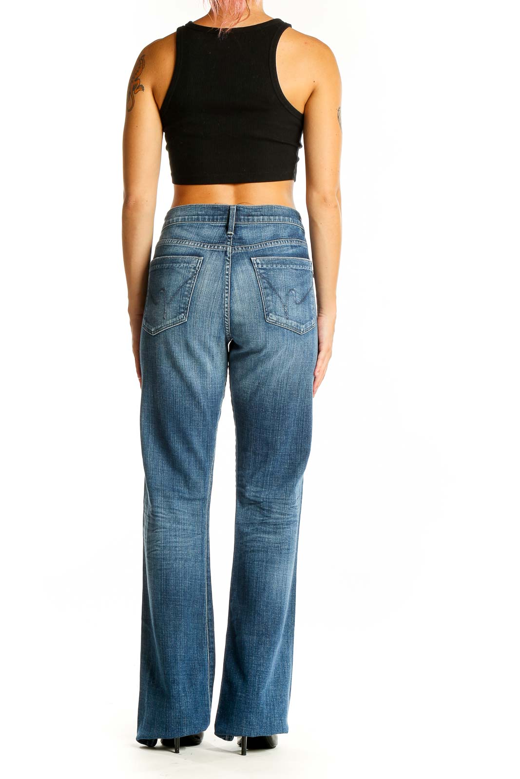 Back view of Citizens of Humanity blue wide-leg jeans showing pocket design