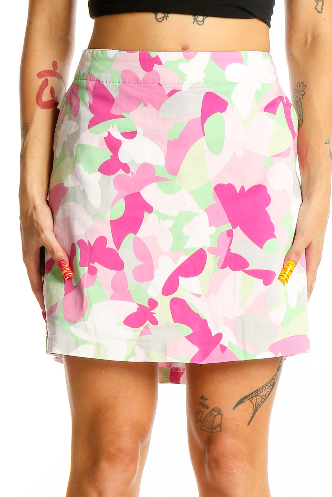 Front view of pink floral print Lady Hagen golf skirt