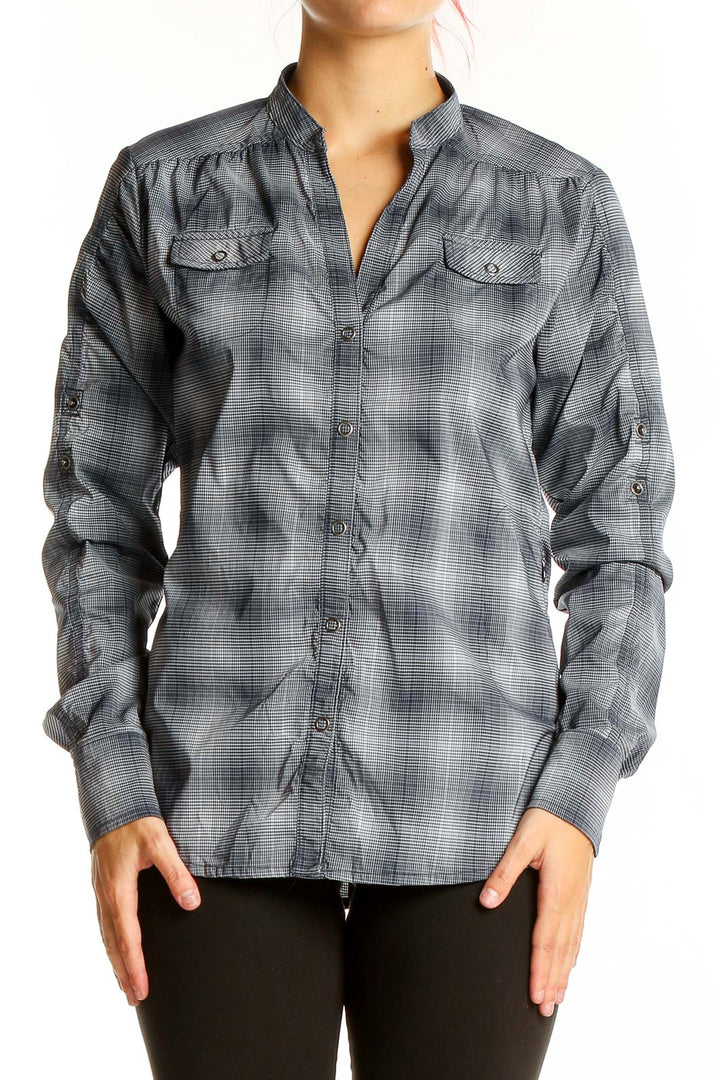 Front view of gray plaid Athleta button-up athletic shirt