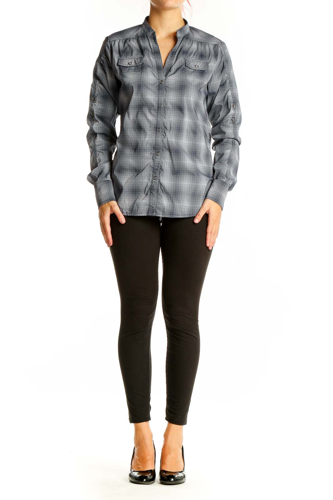 Front view of gray plaid Athleta button-up athletic shirt