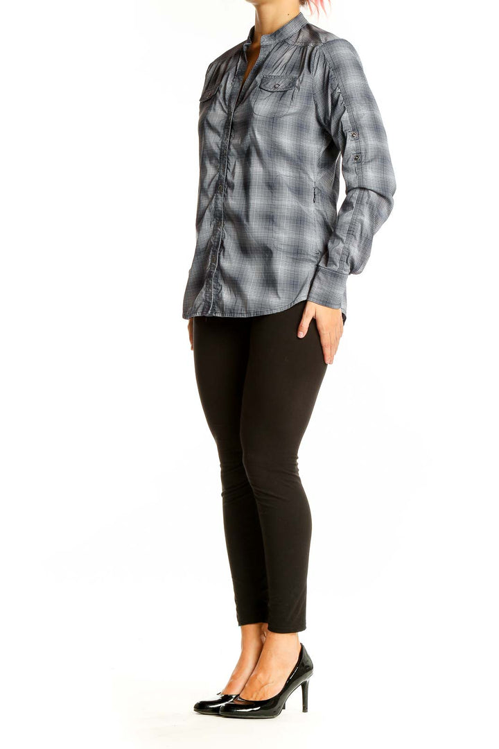 Front view of gray plaid Athleta button-up athletic shirt