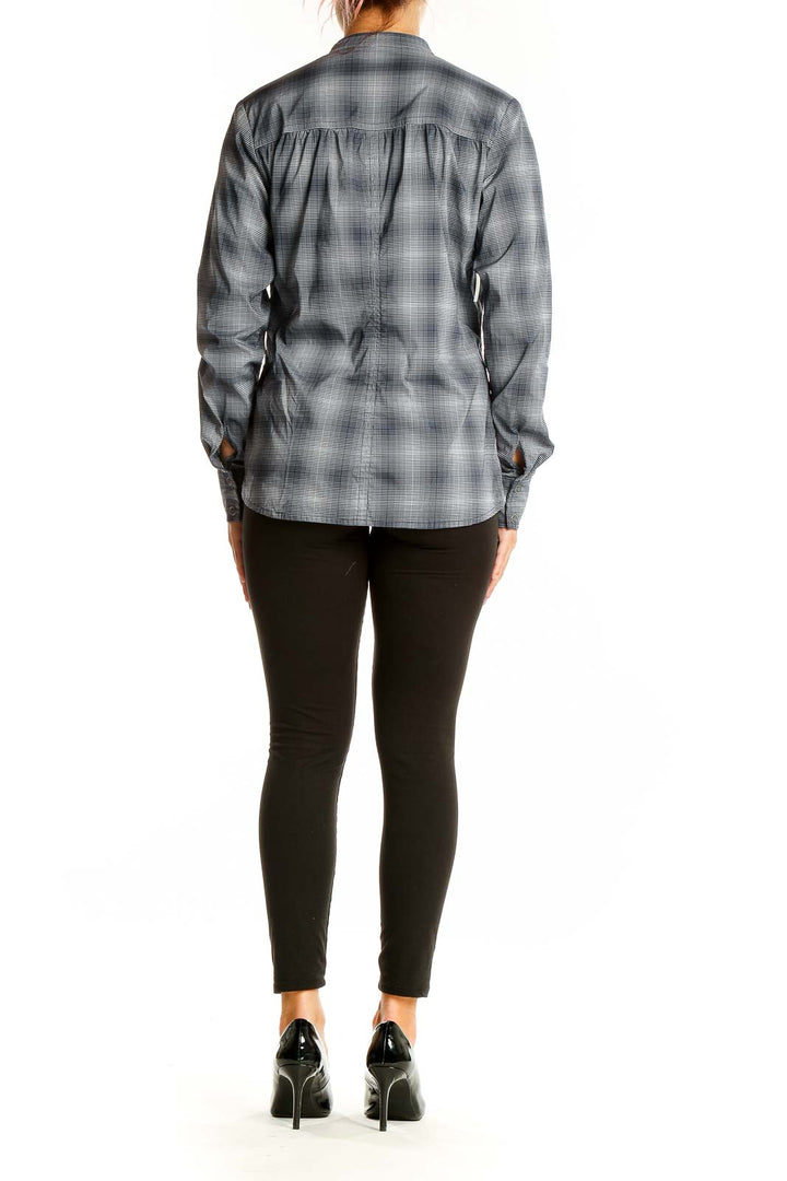 Back view of gray plaid Athleta button-up athletic shirt