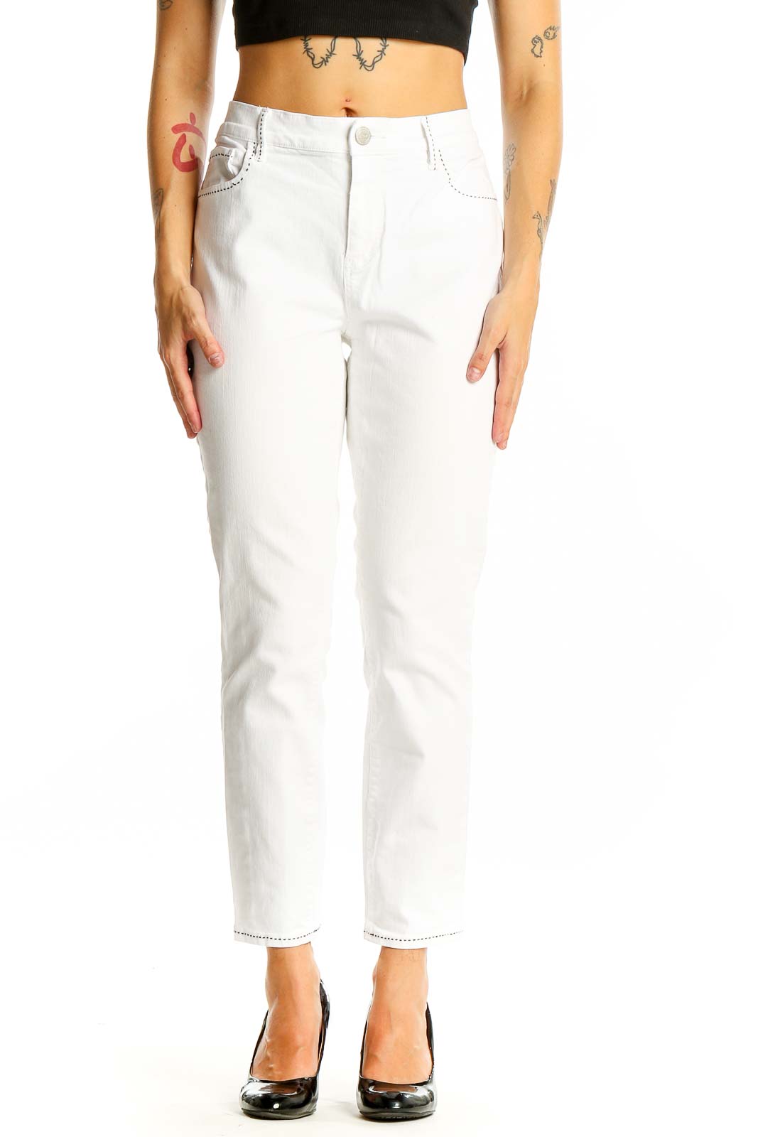 Front view of LOFT white straight leg jeans on model