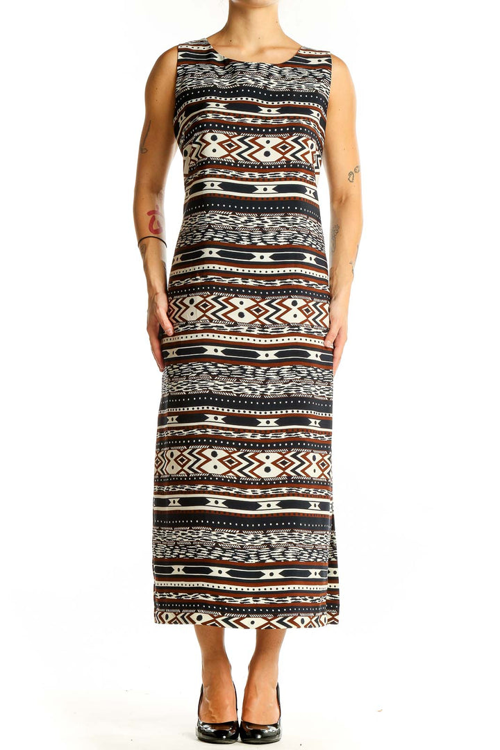 Front view of Danny & Nicole Brown Tribal Print Maxi Dress with geometric pattern