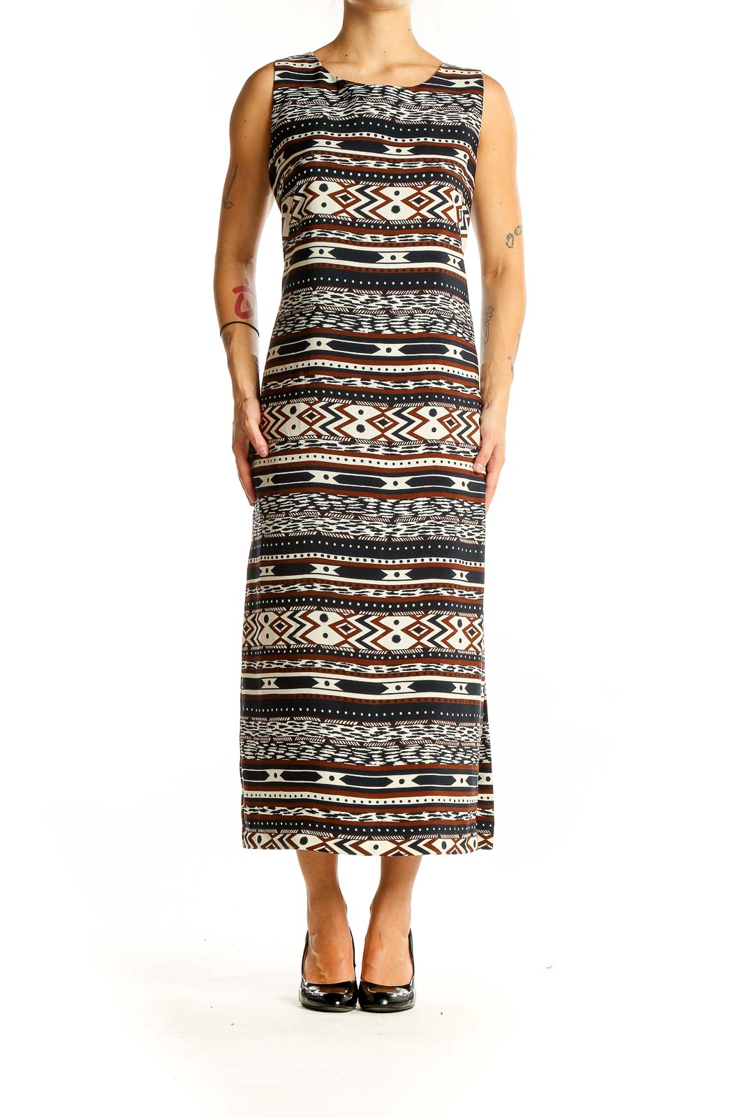 Front view of Danny & Nicole Brown Tribal Print Maxi Dress with geometric pattern