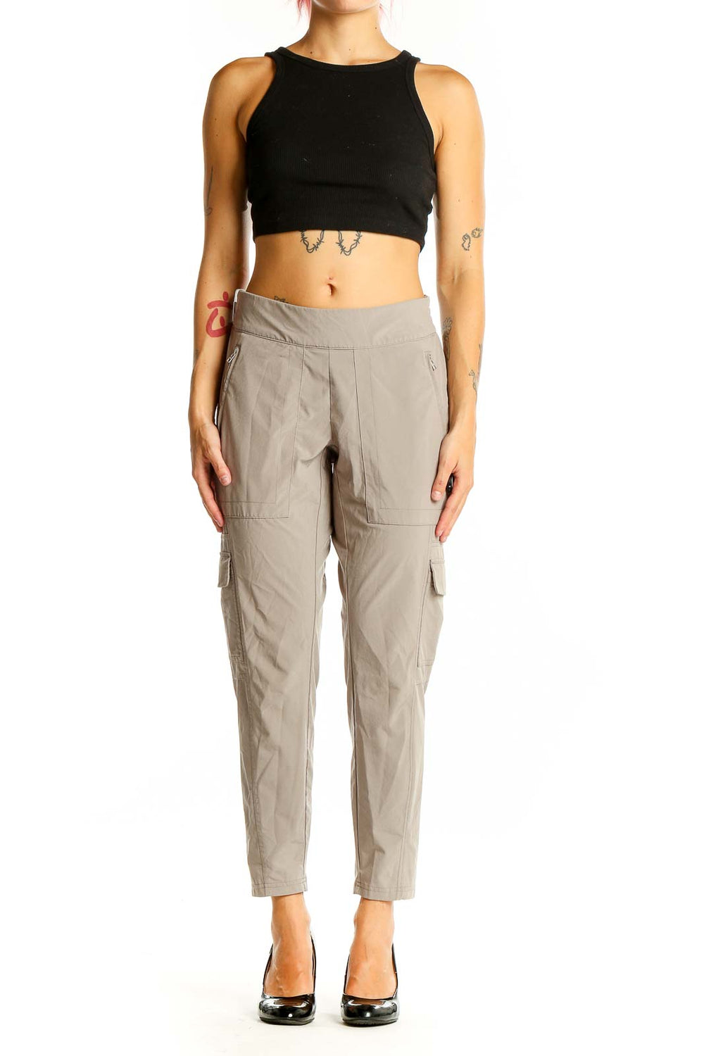 Front view of Athleta beige cargo-style athletic pants