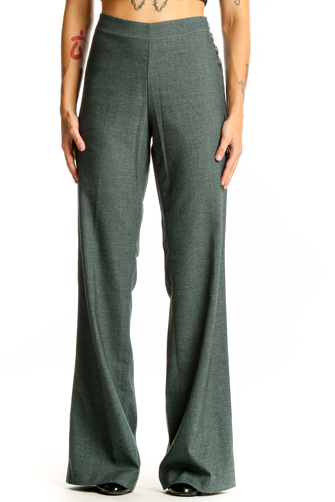 Front view of Elevenses green wide-leg dress pants on model