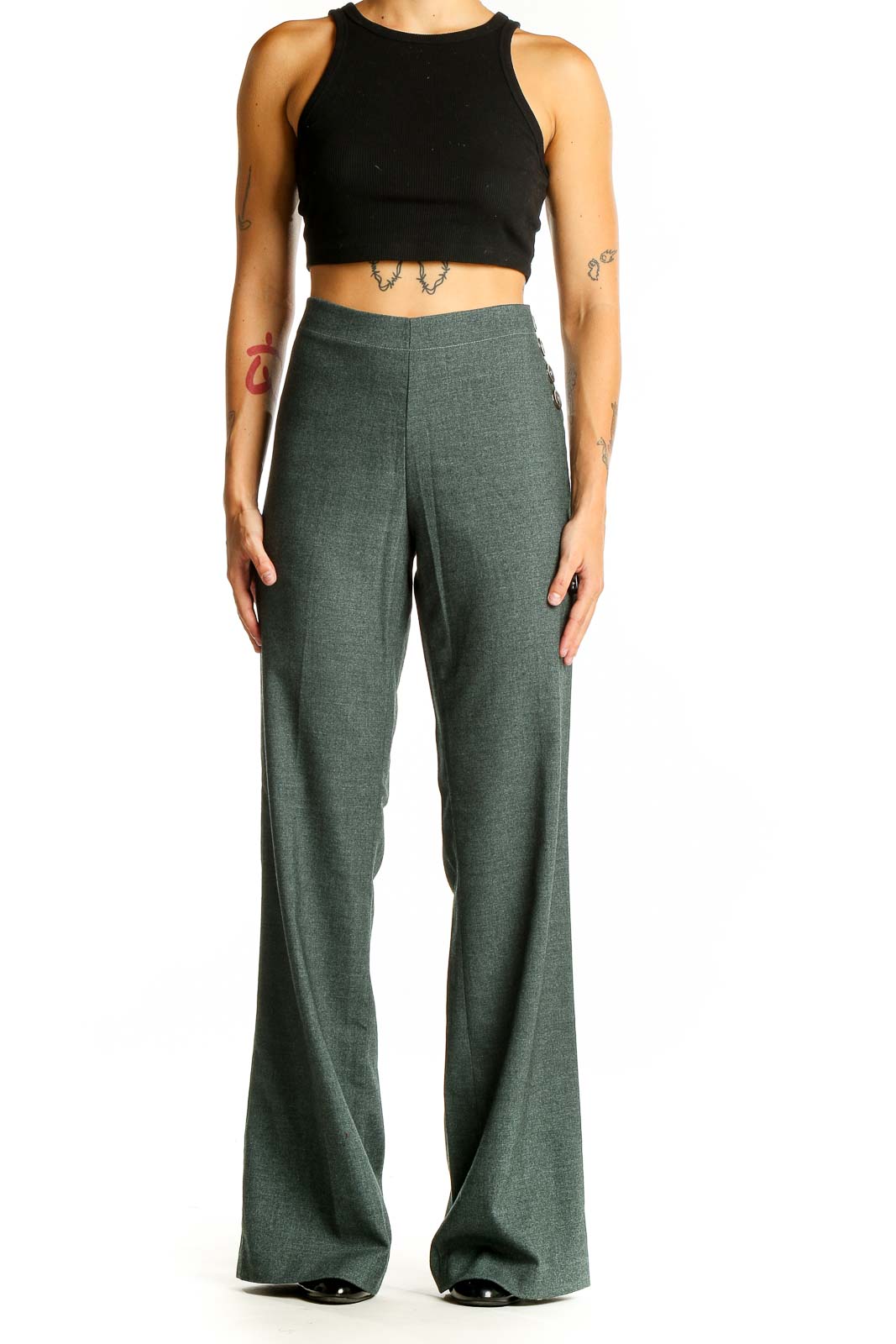 Front view of Elevenses green wide-leg dress pants on model