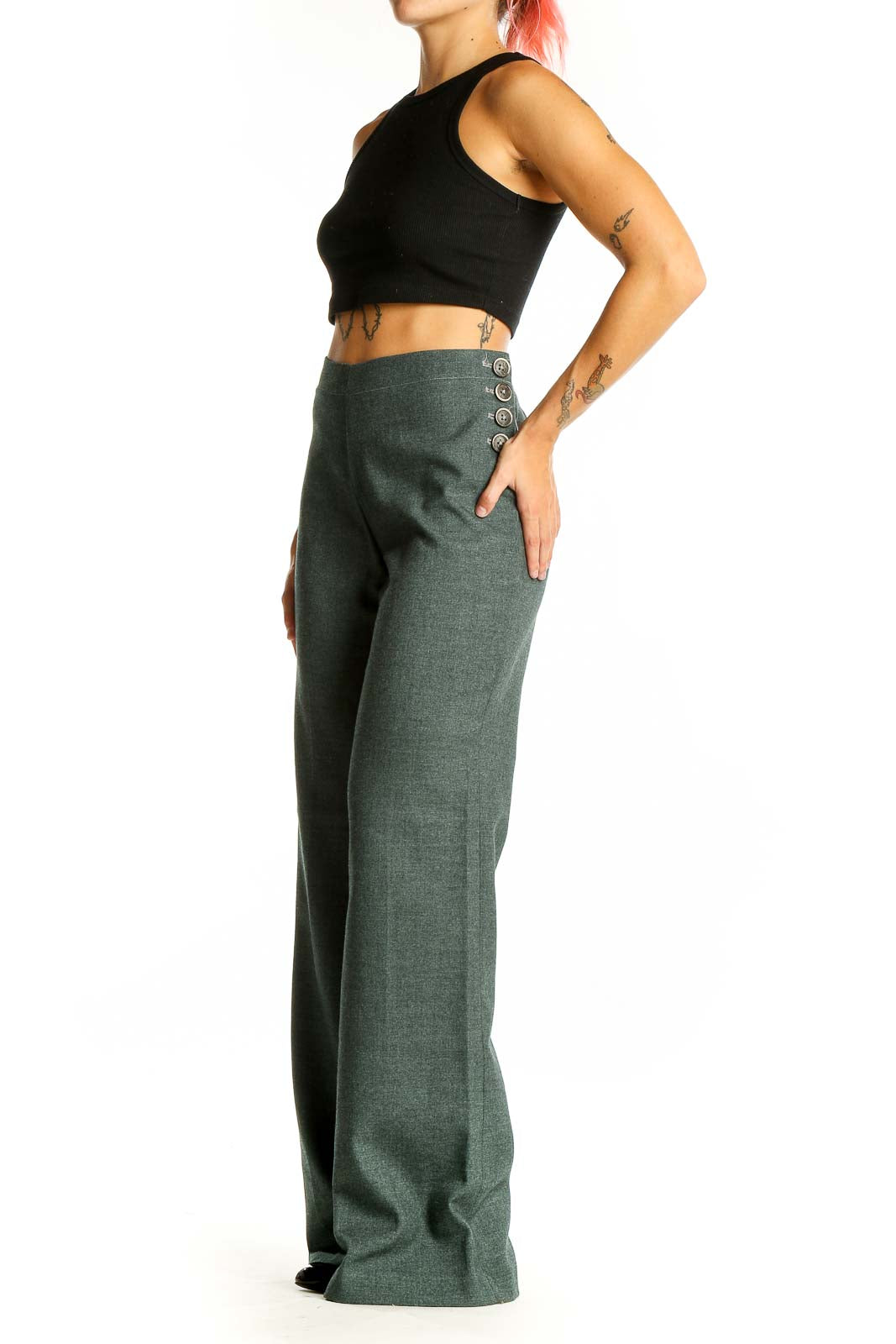 Front view of Elevenses green wide-leg dress pants on model