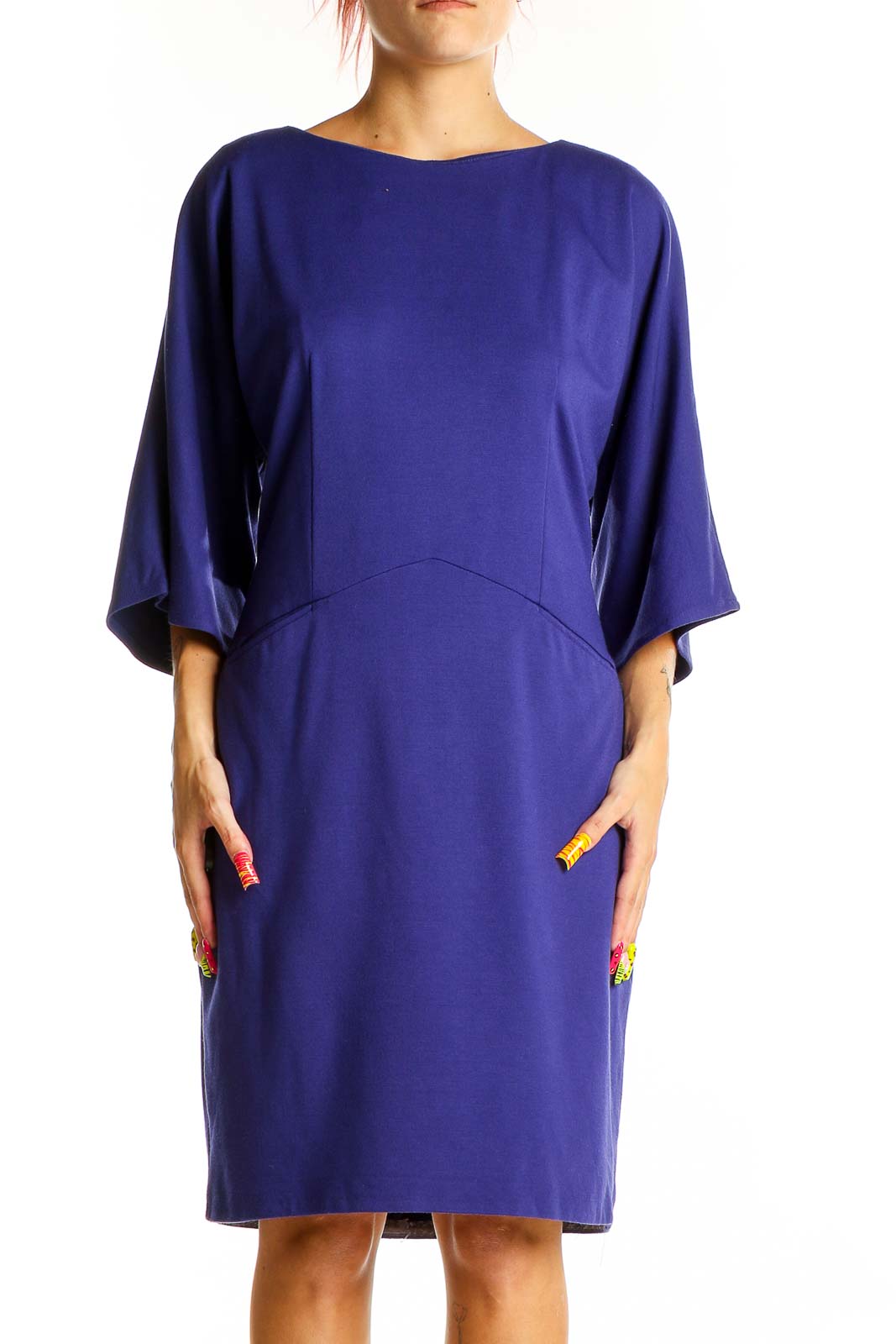 Front view of royal blue Taylor dress with kimono sleeves