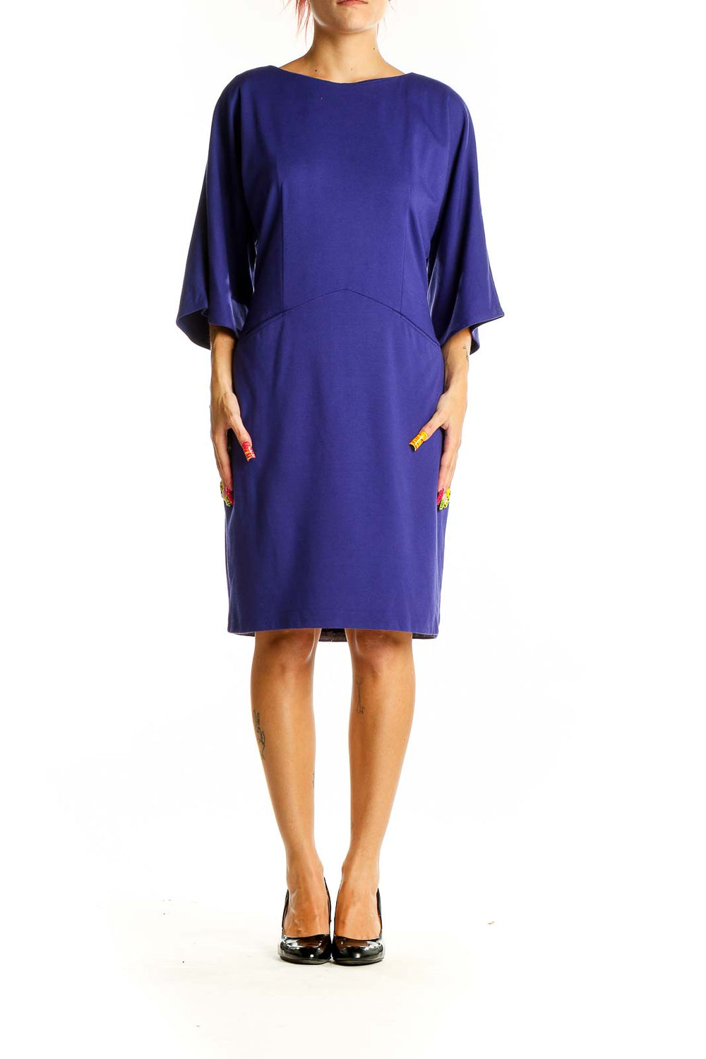 Front view of royal blue Taylor dress with kimono sleeves