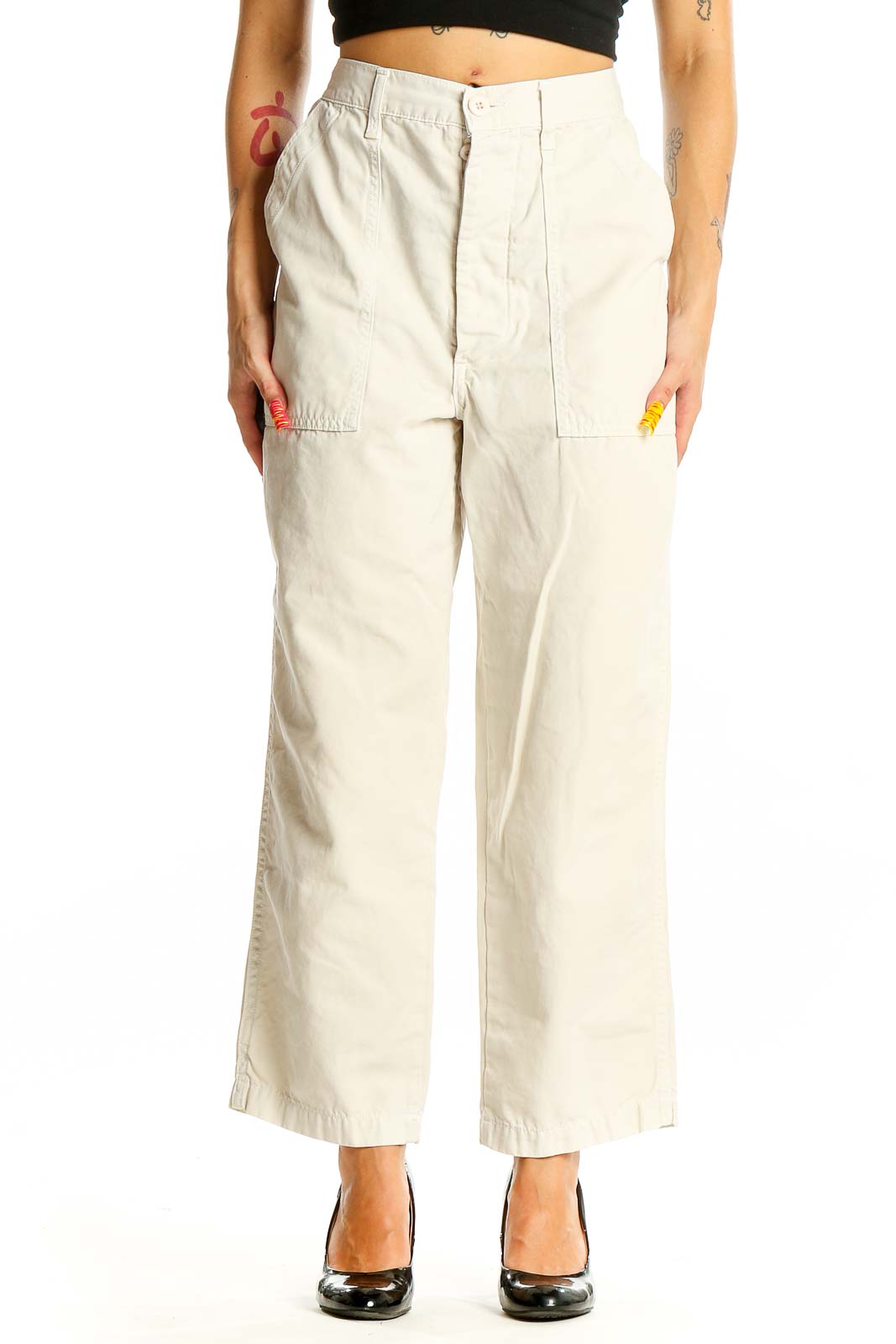 Front view of Amo beige cotton wide-leg pants with patch pockets