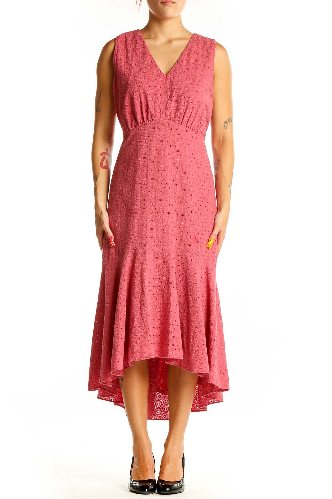 Front view of Taylor pink eyelet cotton midi dress with V-neck and empire waist