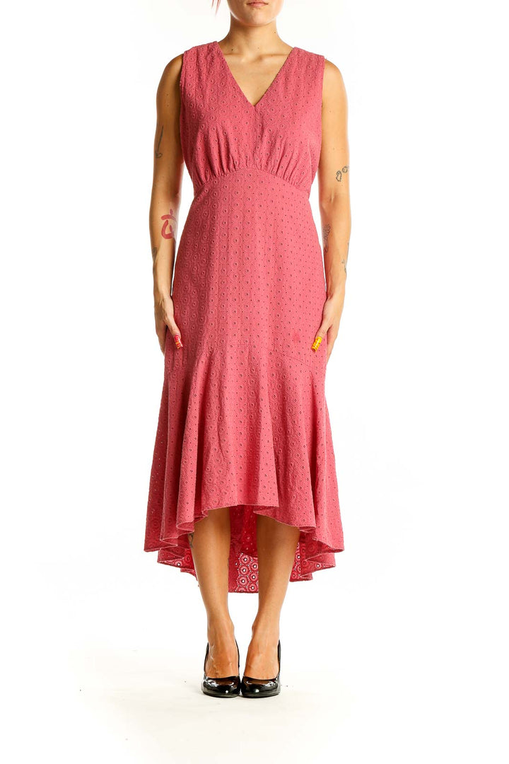 Front view of Taylor pink eyelet cotton midi dress with V-neck and empire waist