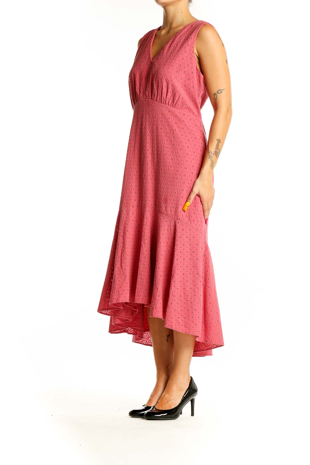 Front view of Taylor pink eyelet cotton midi dress with V-neck and empire waist