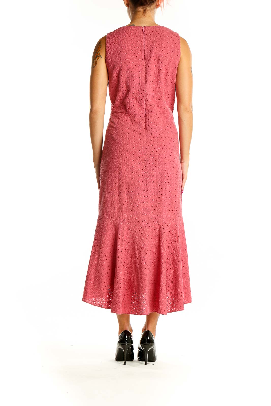 Back view of Taylor pink eyelet cotton midi dress showing high-low hemline