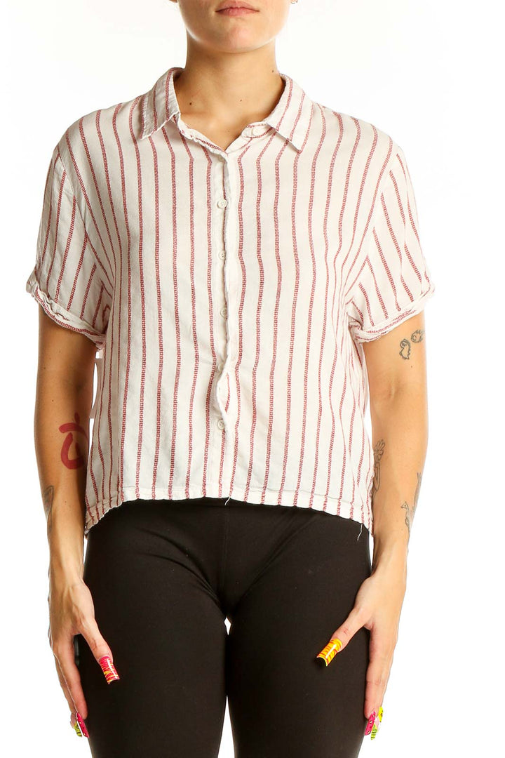 Front view of BB Dakota white and red striped cotton crop top