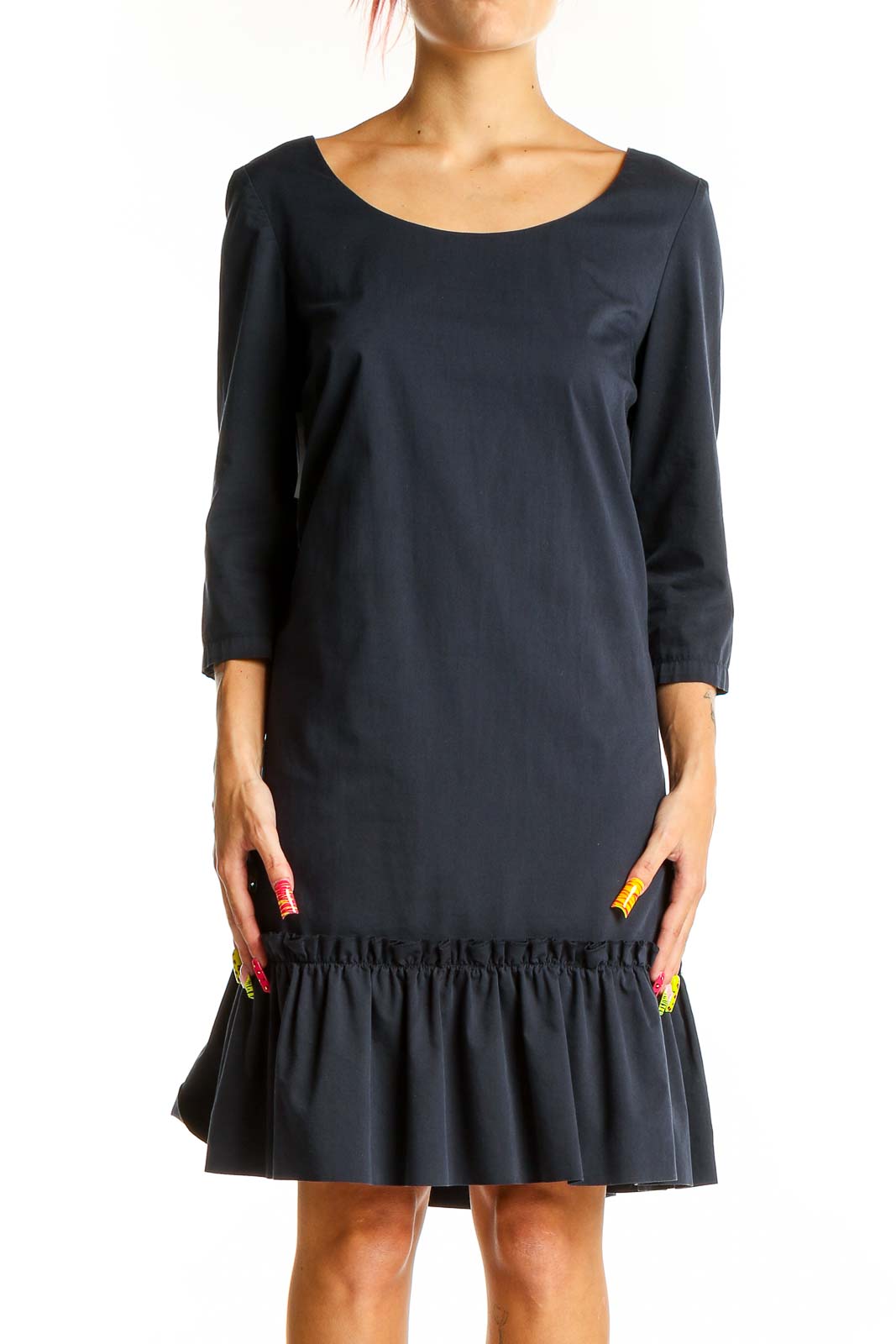 Front view of black SilkRoll dress with ruffle hem and scoop neckline