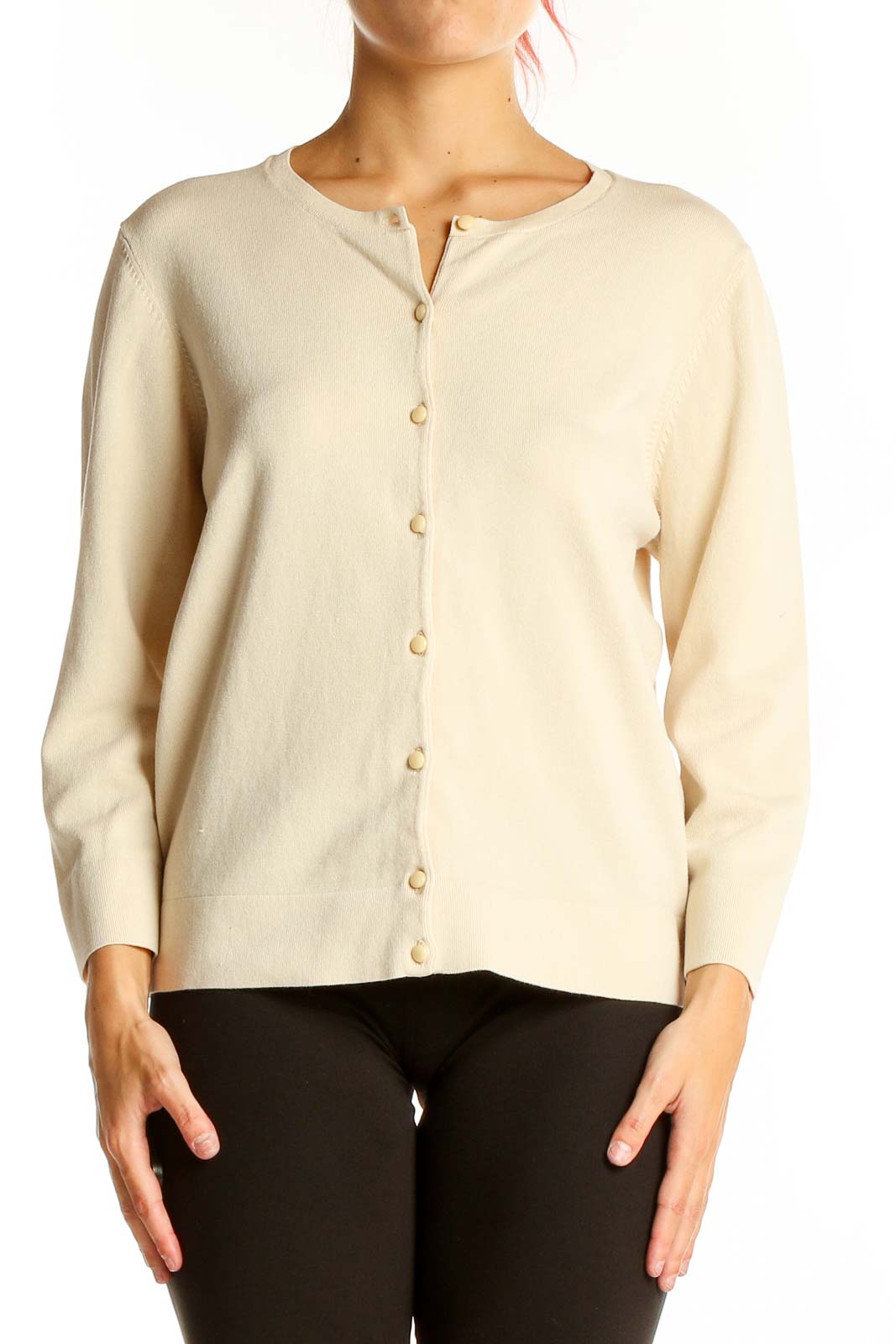 Front view of Ann Taylor cream button-front cardigan sweater