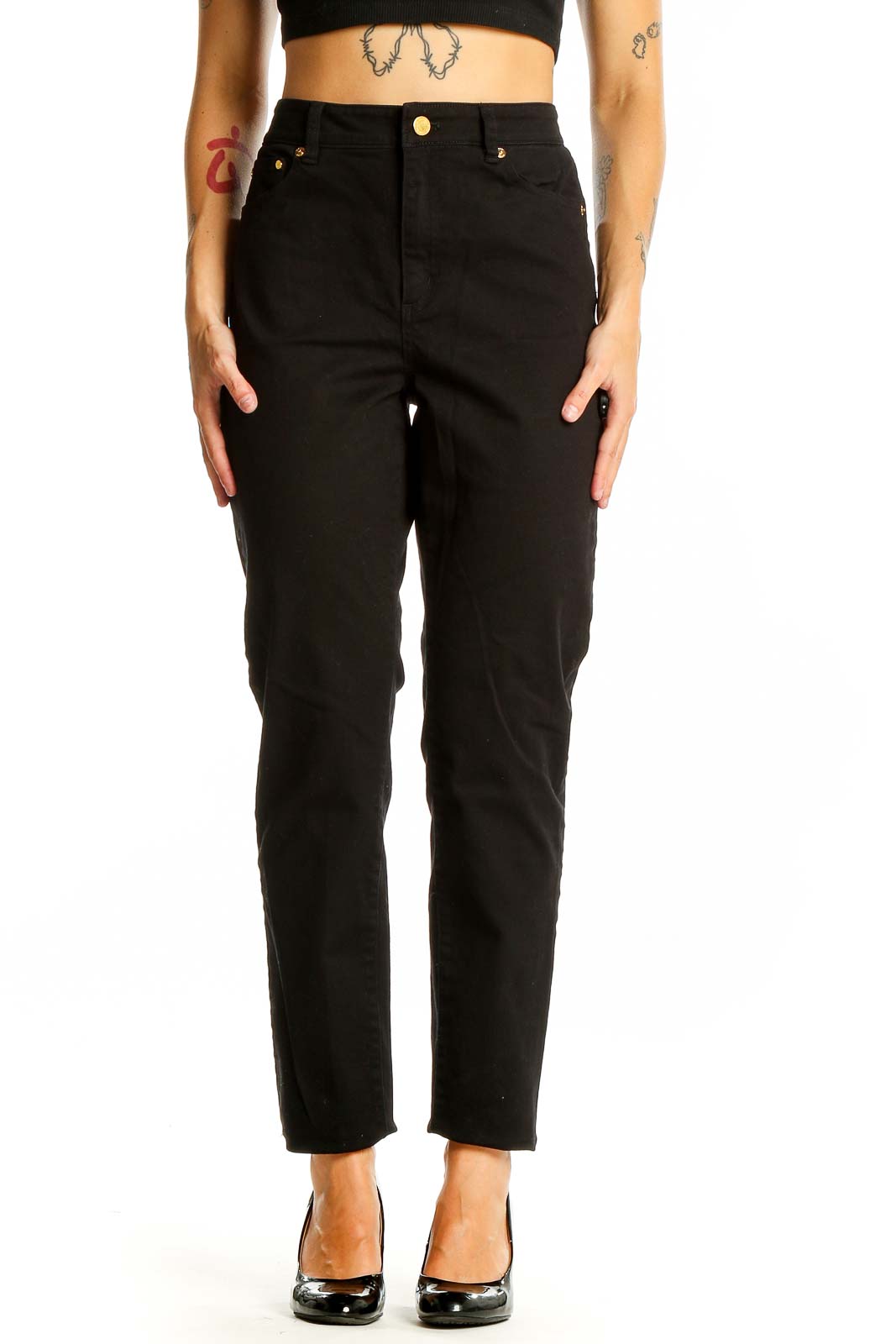 Front view of Michael Kors black high-waisted straight-leg jeans