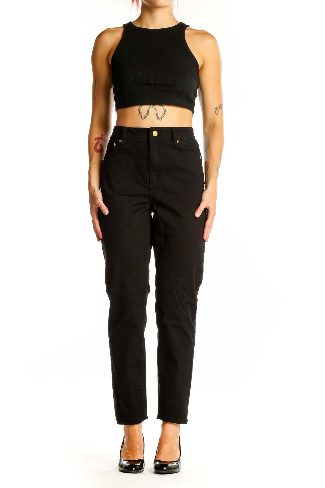 Front view of Michael Kors black high-waisted straight-leg jeans