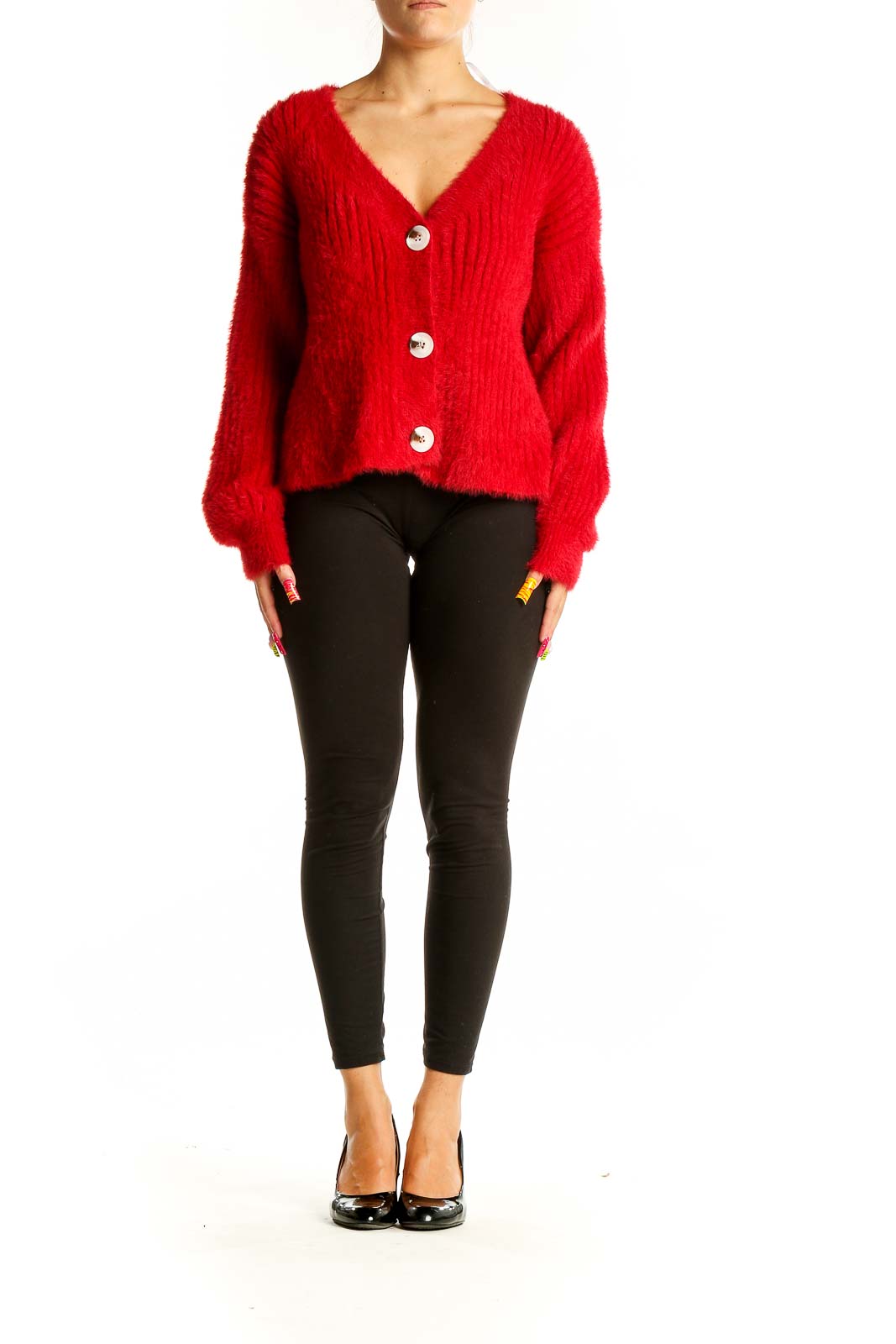 Front view of red fuzzy MINKPINK cardigan with oversized white buttons