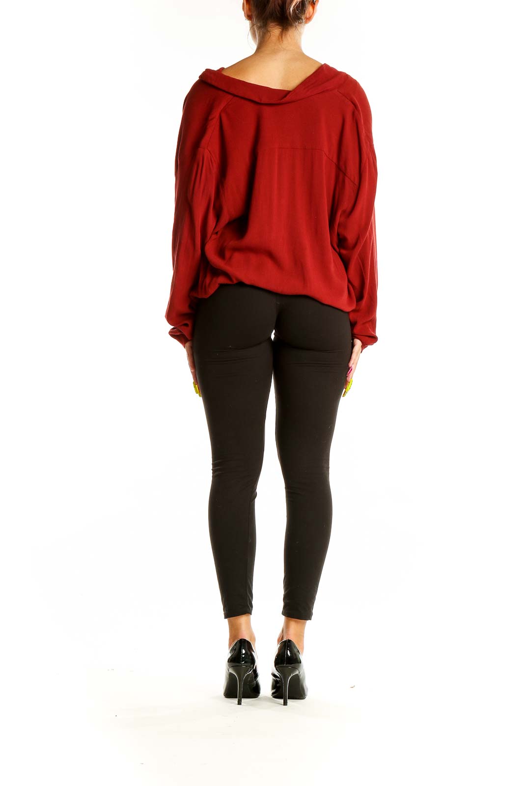 Back view of red rayon wrap top showing draped silhouette