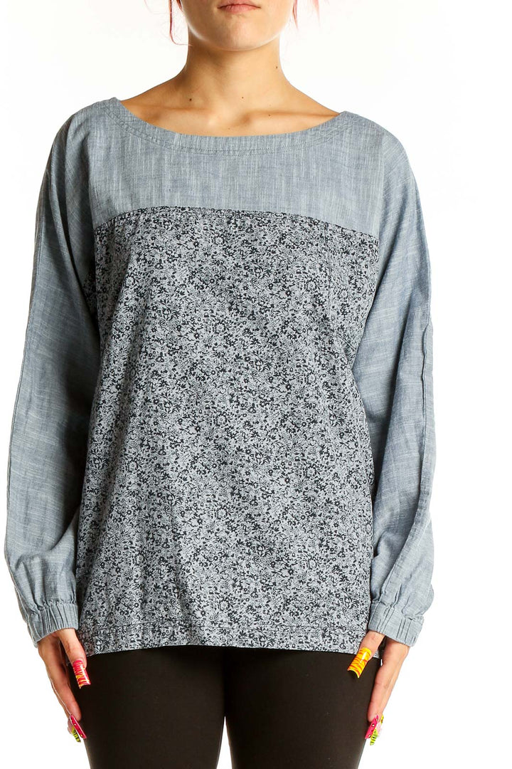 Front view of Gap Gray Floral Print Cotton Blouse with boat neckline