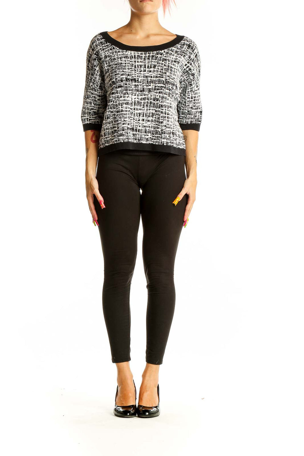 Front view of Ramy Brook Black and White Textured Crop Sweater