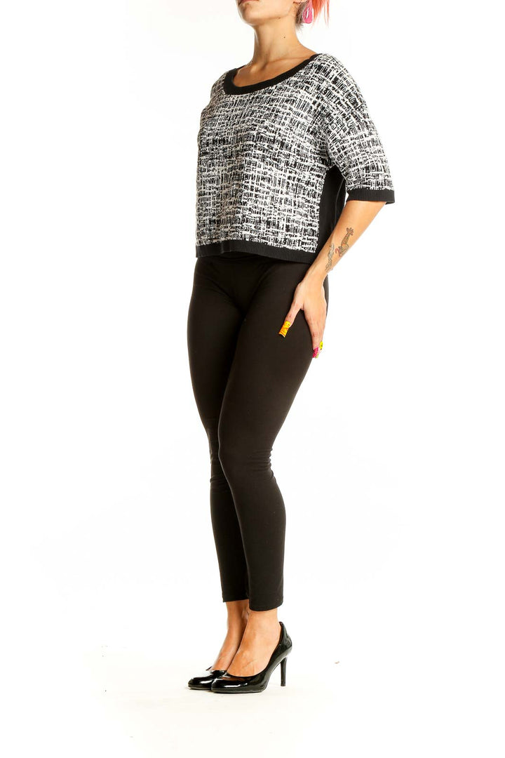 Front view of Ramy Brook Black and White Textured Crop Sweater