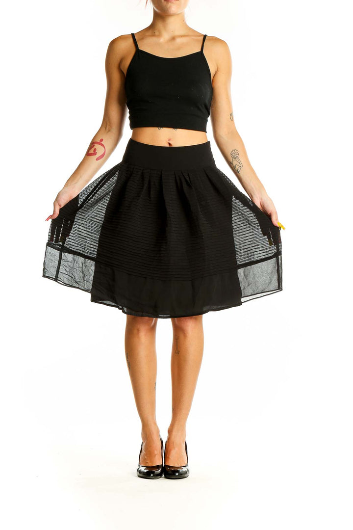 Front view of Ann Taylor black pleated A-line skirt with sheer overlay