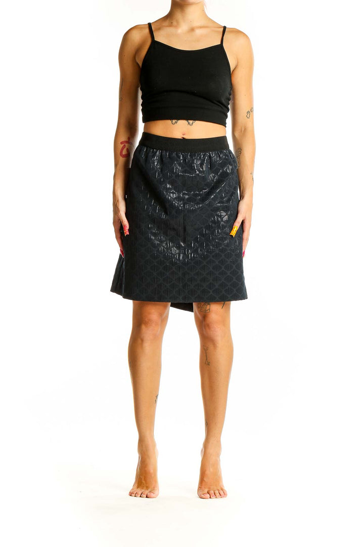 Front view of Ann Taylor LOFT black metallic textured A-line skirt