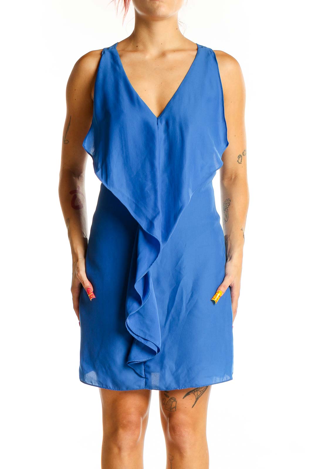 Front view of blue ruffled V-neck mini dress by Silence + Noise