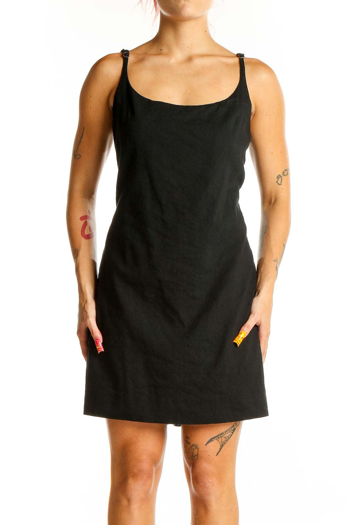 Front view of Rebecca Taylor black linen blend mini dress with thin straps